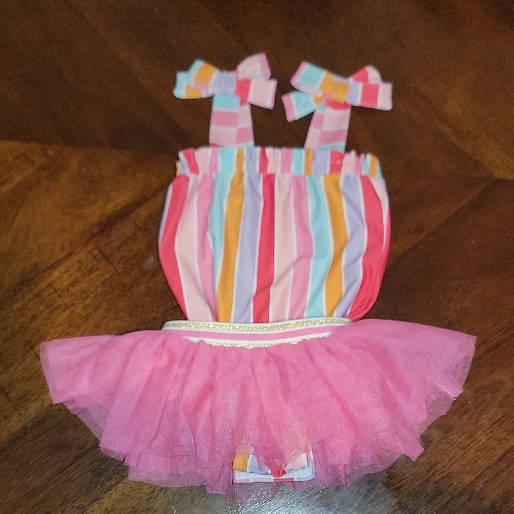 Mud Pie Colorful Striped One Piece with Pink Tutu 2T - Picture 7 of 7